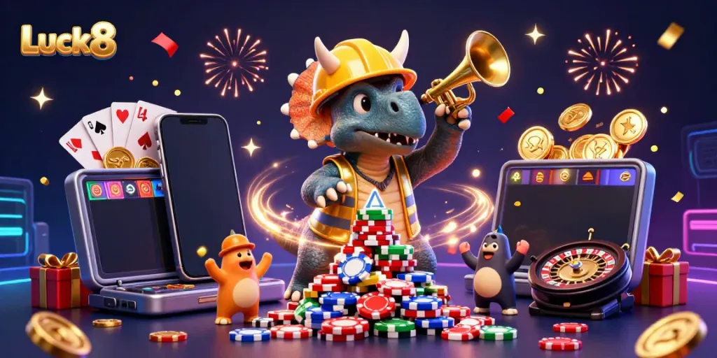 Luck8 celebrates with a triceratops building poker chips amidst festive casino elements.