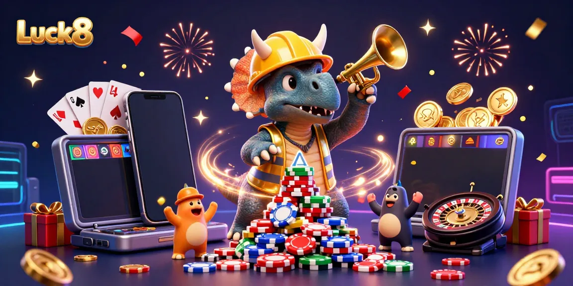 Luck8 celebrates with a triceratops building poker chips amidst festive casino elements.