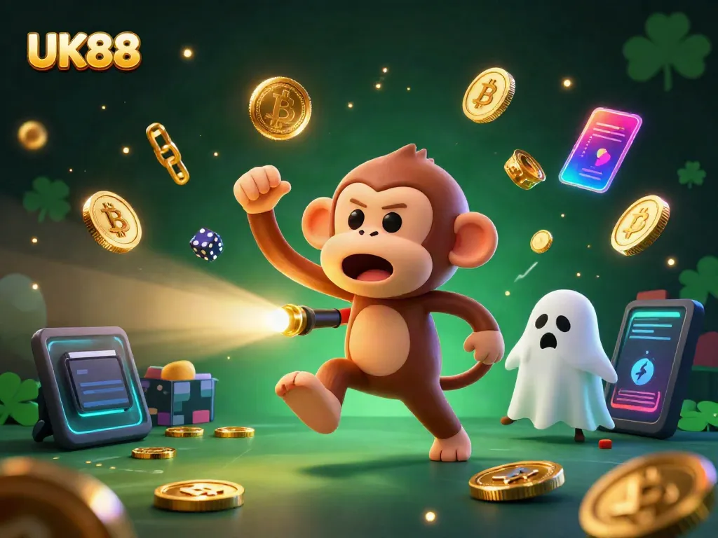 Engage in thrilling gameplay at UK88 with a vibrant casino scene featuring a playful poltergeist monkey and a curious ghost-hunter puppy.