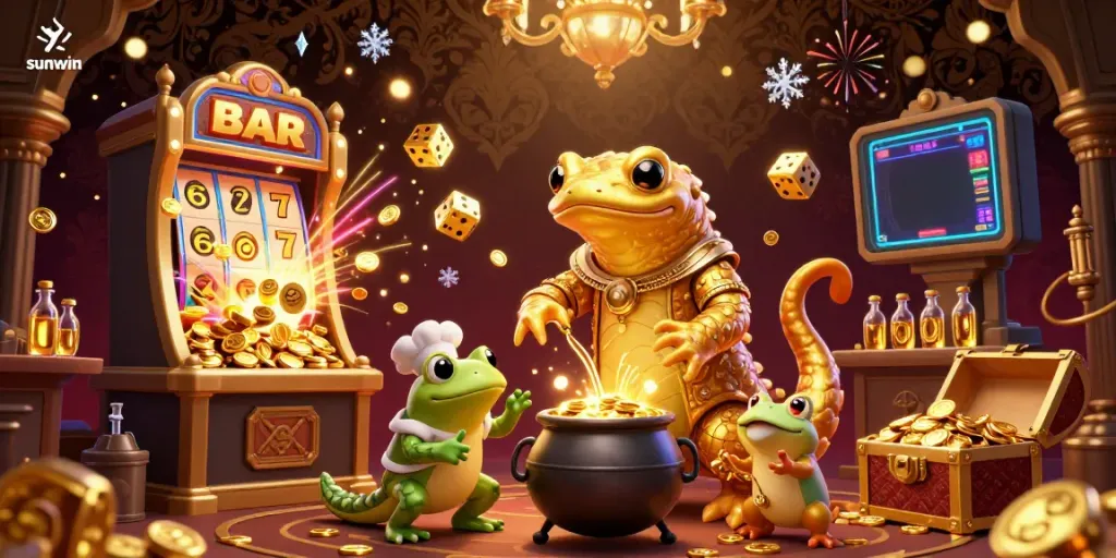 Experience exciting wins at sunwin with our vibrant casino scene filled with gold coins, slot machines, and action-packed gaming details.