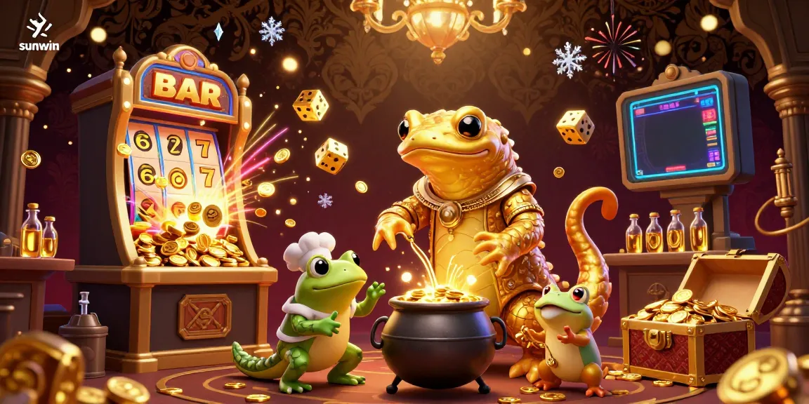 Experience exciting wins at sunwin with our vibrant casino scene filled with gold coins, slot machines, and action-packed gaming details.