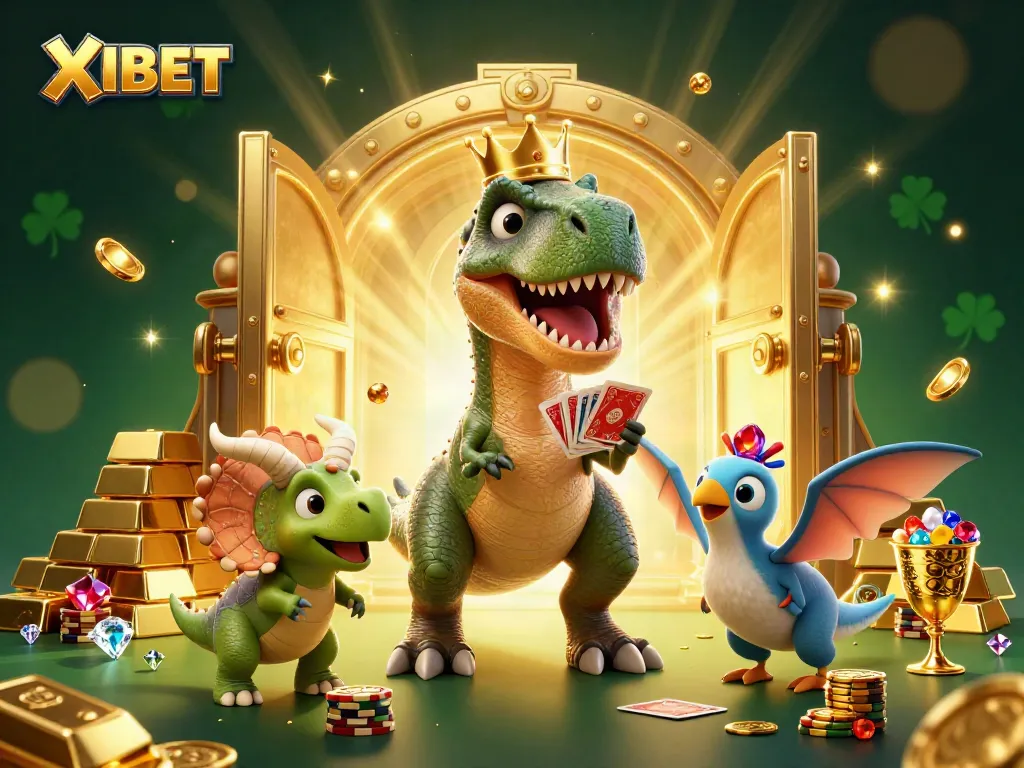 XIBET offers an exciting atmosphere with vibrant casino elements featuring friendly dinosaur characters.