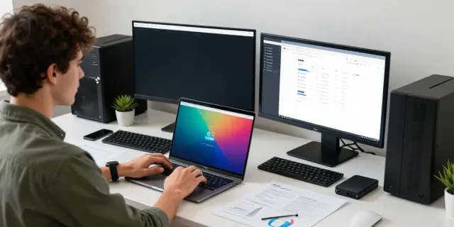 PBN hosting workspace with developer analyzing websites on a monitor and laptop, modern tech setup.