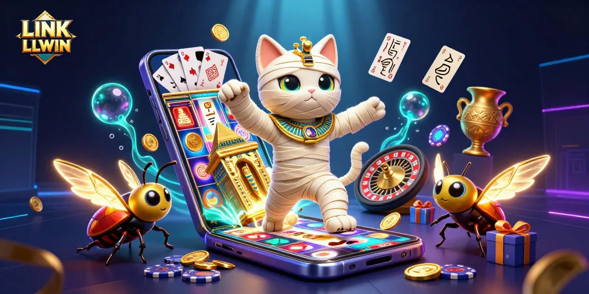 Play slots at LINK LLWIN with an Egyptian mummy cat and vibrant casino atmosphere.