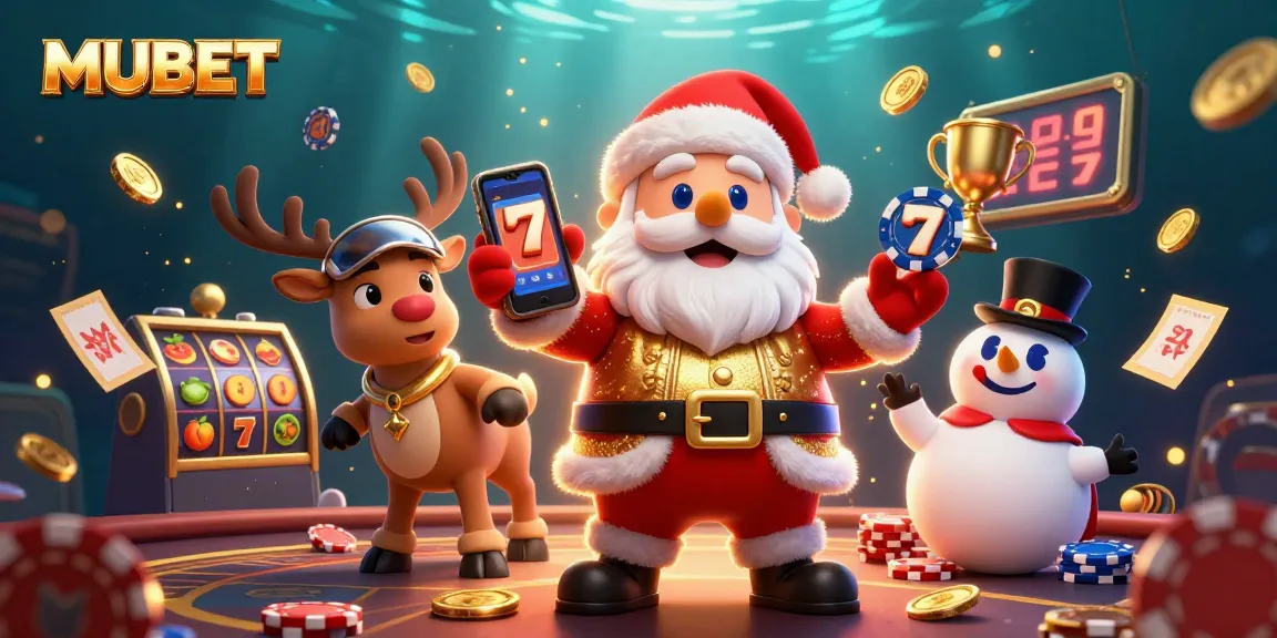 MUBET slots jackpot scene with Santa, reindeer dealer, and poker-chip snowman in a casino setting.