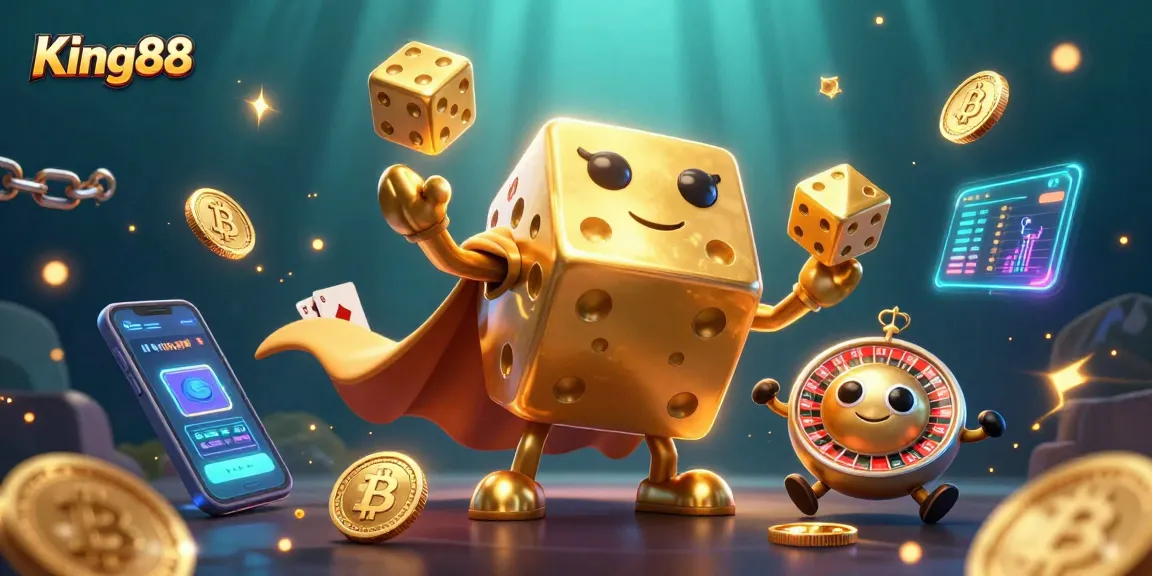 Engage with King88’s vibrant 3D casino scene showcasing a golden dice golem and crypto elements.