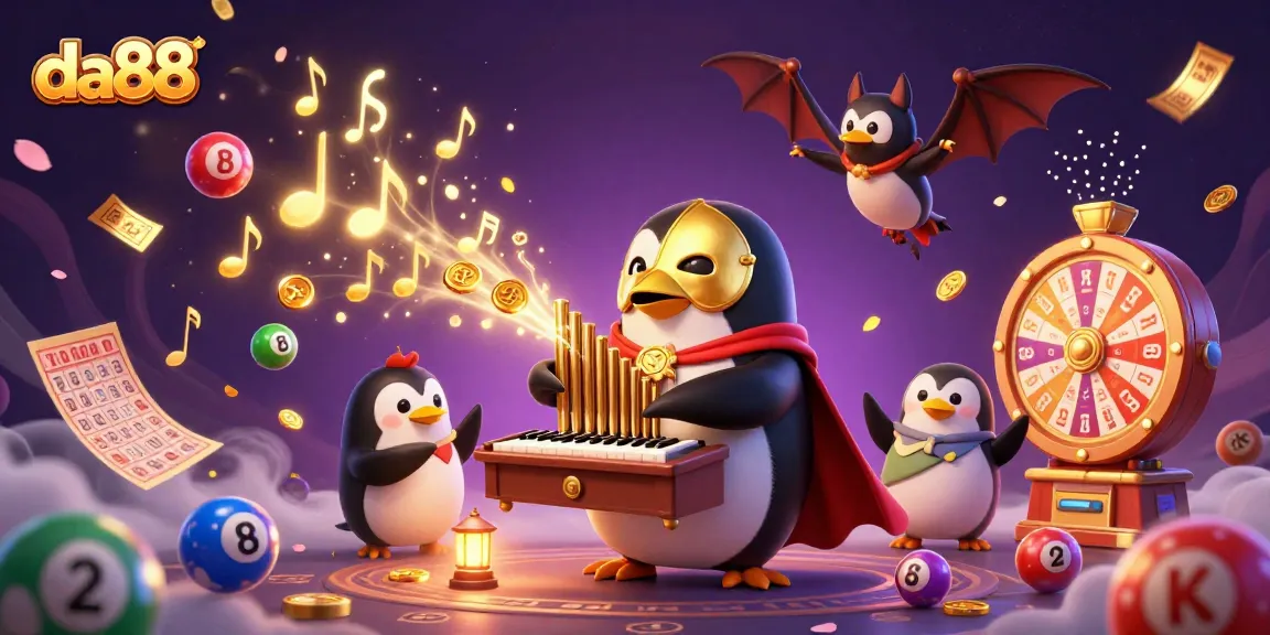 Experience da88 thrills with a vibrant 3D casino scene featuring a penguin organist and golden prizes.