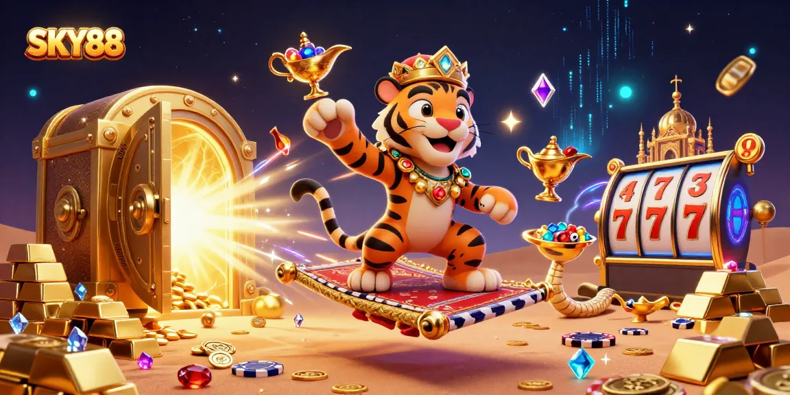Spin slots and win with SKY88, featuring a rich Arabian-themed casino scene.