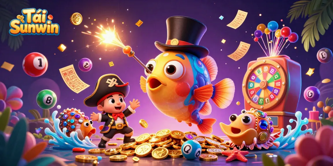 Tải Sunwin and engage in thrilling gambling with anglerfish, shrimp, and treasure snail amidst vibrant casino elements.