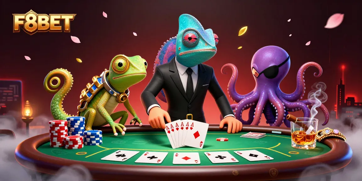 Experience F8BET with a vibrant poker scene featuring a secret agent chameleon, tech-gecko, and a villainous octopus.