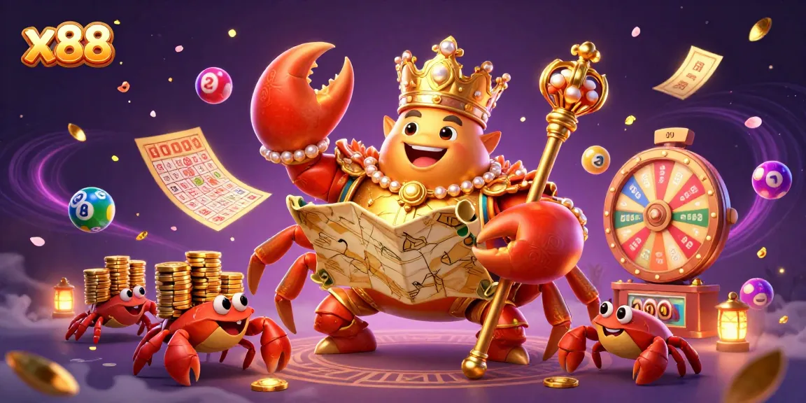 Experience the thrill at x88 with a golden crab emperor leading a lively casino adventure.