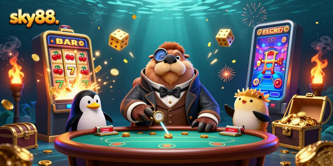 Join the excitement at sky88. with animated casino characters in a vibrant underwater scene.