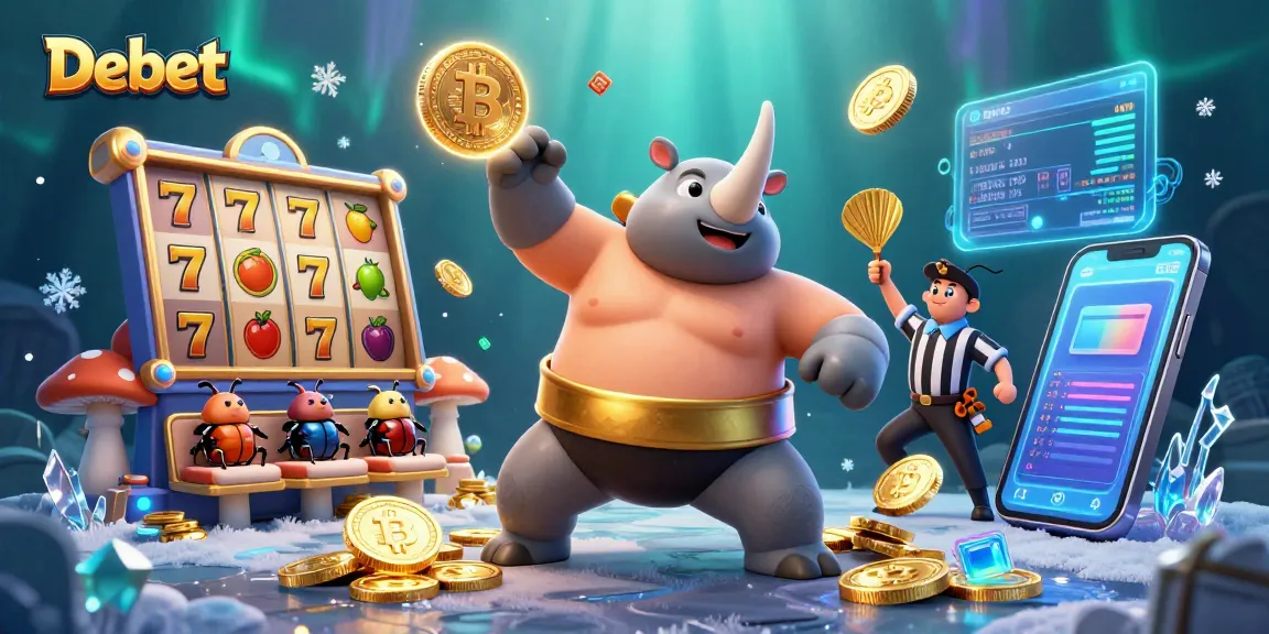 Debet's exciting casino atmosphere with a beetle champion and slot reels, vibrant and dynamic.