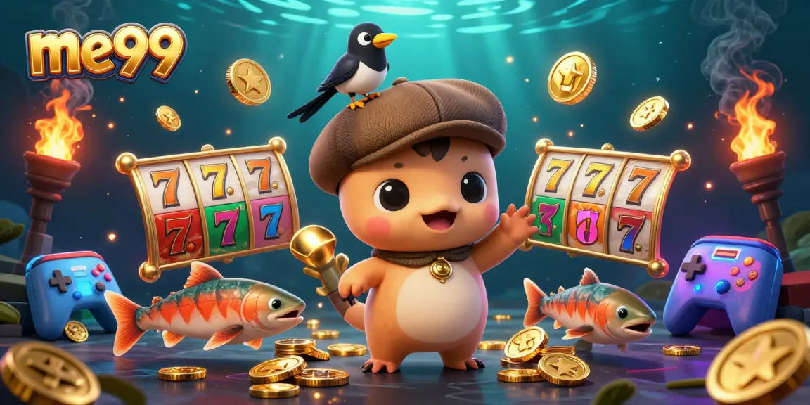 Experience thrills at me99 with a playful Nessie, gold coins, and vibrant slot reels.