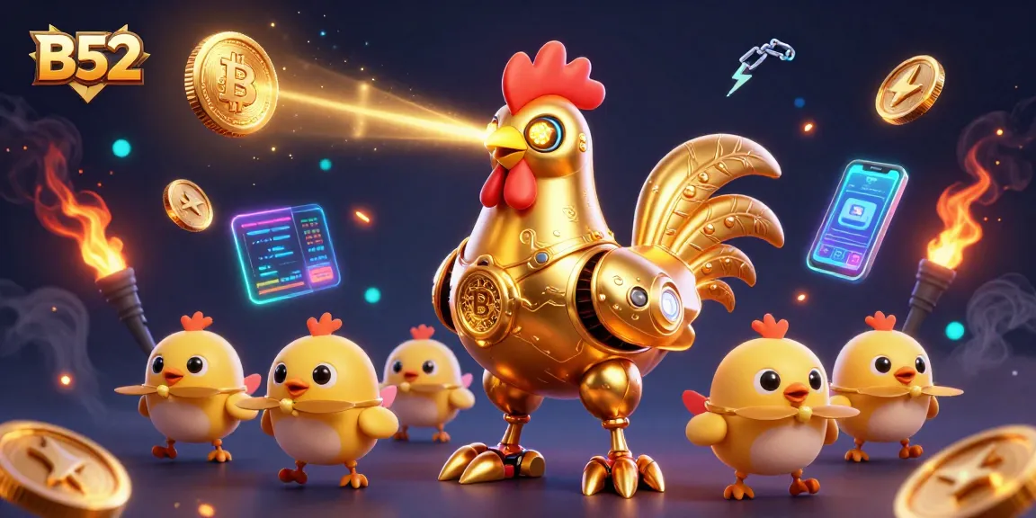 Experience excitement with B52's golden rooster robot and crypto elements in a dynamic casino scene.