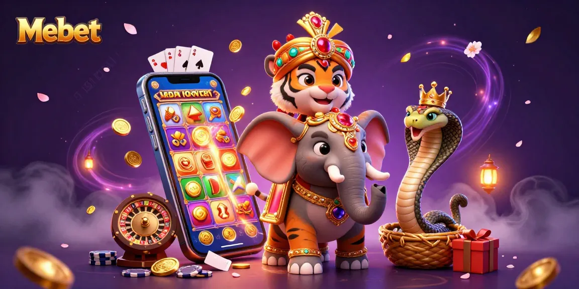 Experience the thrill of Mebet with dynamic casino illustrations featuring a maharaja tiger and vibrant gaming elements.