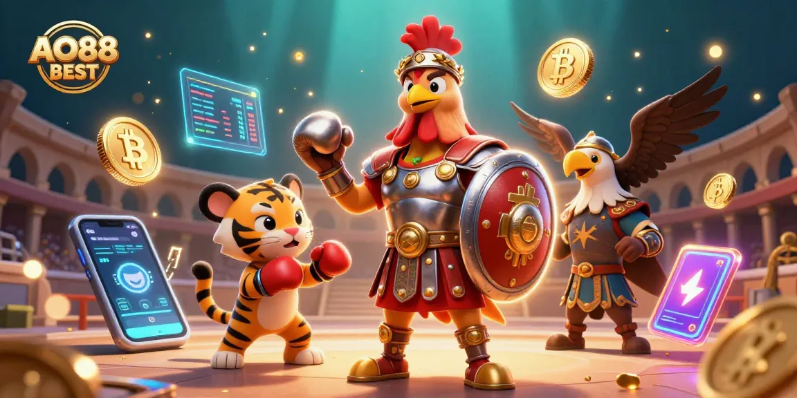 Experience the excitement of AO88 BEST in this vibrant casino illustration featuring dynamic characters and crypto elements.