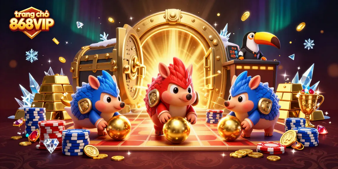 Engage with the vibrant scene featuring trang chủ 868VIP as pangolins roll poker chips amidst golden treasures.