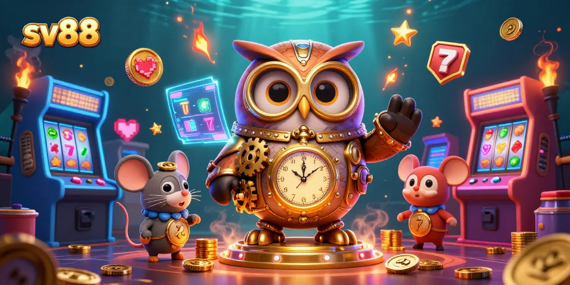 Spin and win at sv88 with a vibrant casino scene featuring a time-traveler owl.
