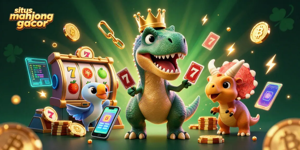 Experience the excitement with situs mahjong gacor as a T-Rex plays cards surrounded by vibrant casino elements.