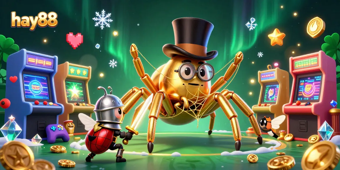 Experience the excitement of hay88 with a playful golden tarantula and knight in a vibrant casino setting.
