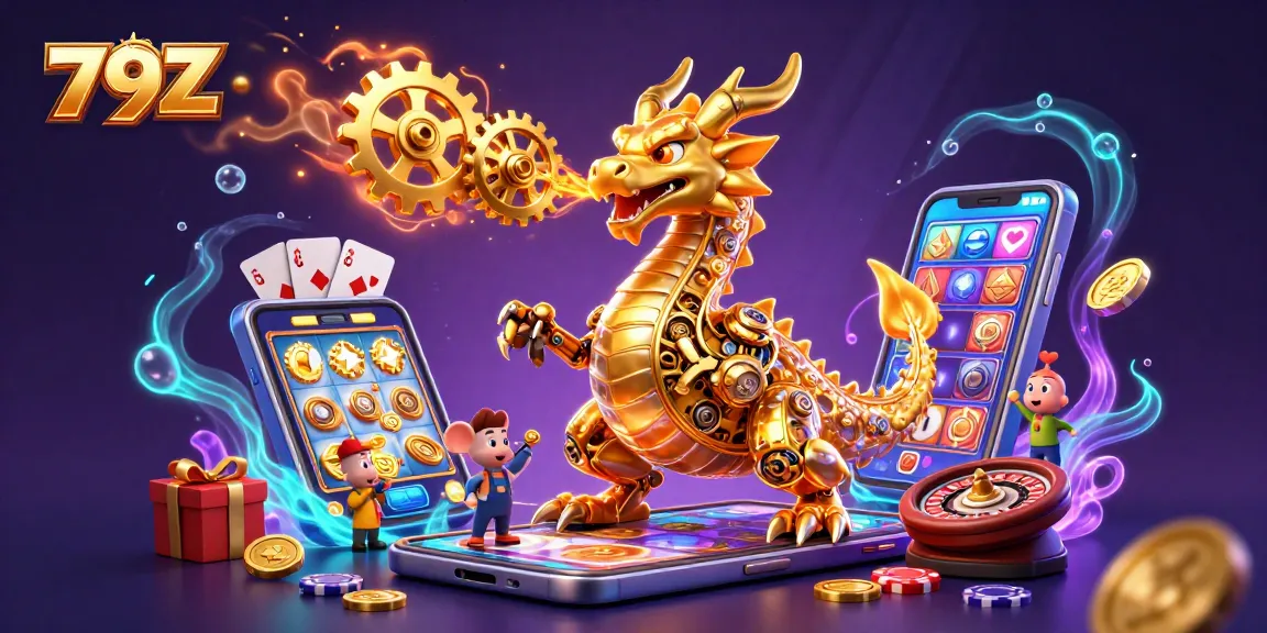 Experience thrilling wins at 79Z while playing dynamic slot games with golden coins erupting from a smartphone.