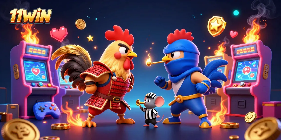 Engage in 11WIN's thrilling casino adventure with vibrant dual-themed roosters in action.