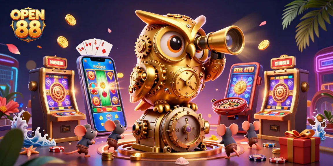 PLAY and WIN with OPEN 88 at a vibrant cartoon casino featuring a golden owl and cheerful mouse patrons, rich with gaming elements.