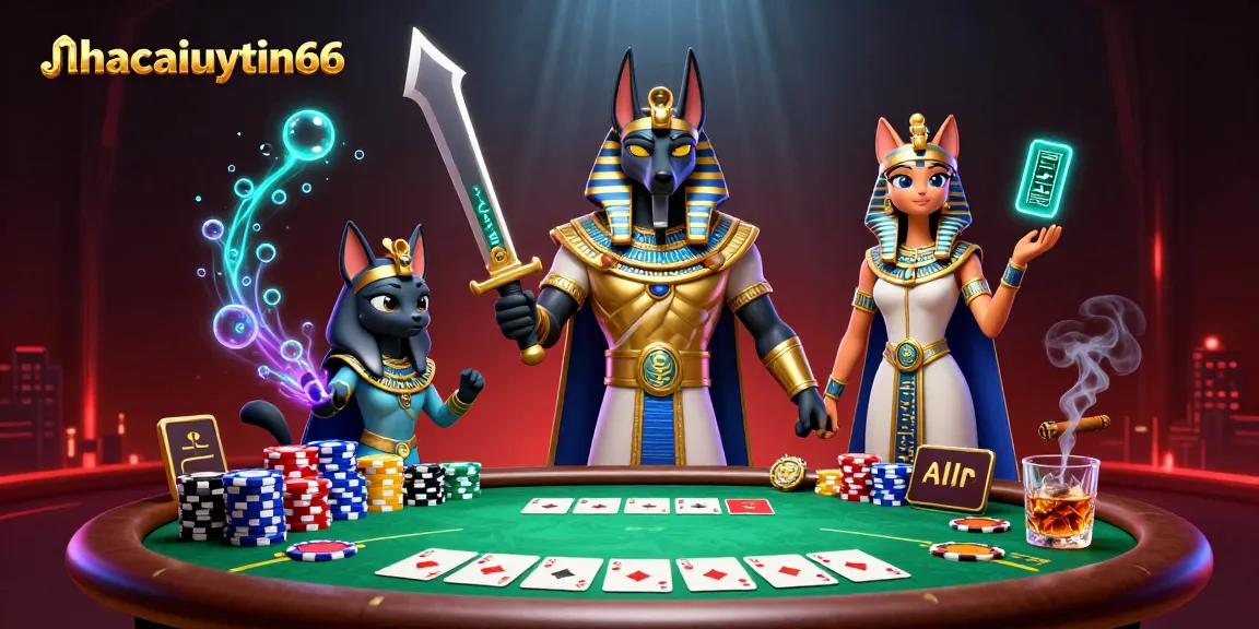 nhacaiuytin66 showcases a captivating scene with Anubis and Bastet at a vibrant poker table