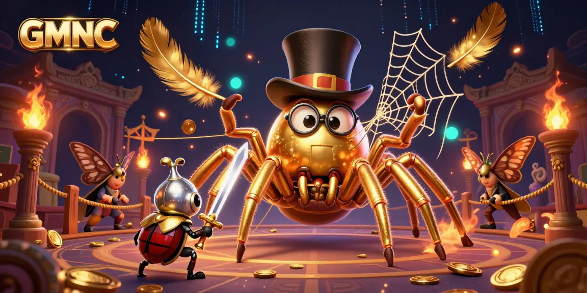 Unveil GMNC's secrets as a brave beetle knight faces a giant tarantula amid enchanting casino elements.