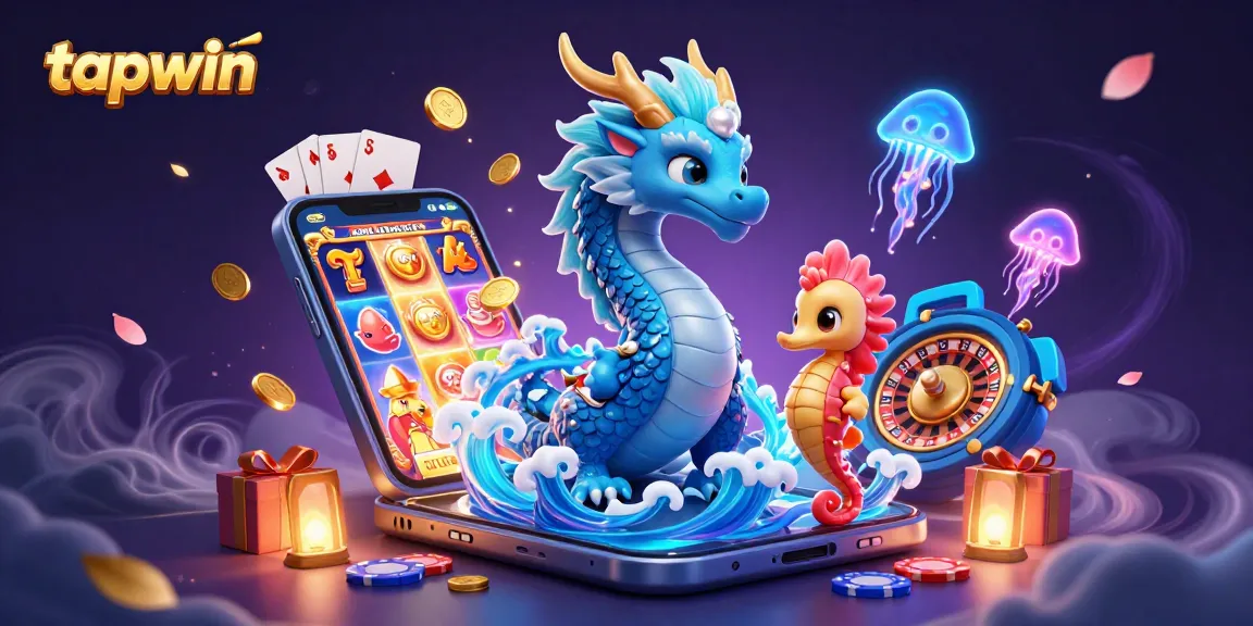 Experience thrilling moments at tapwin with a vivid 3D illustration of an azure dragon, coral knight, and neon jellyfish.