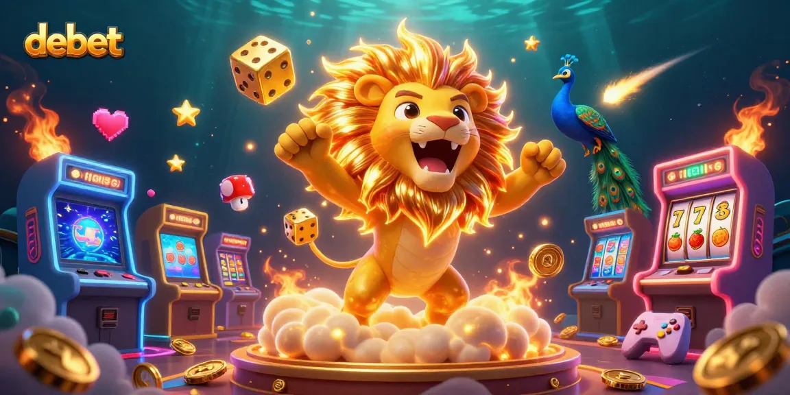 Engage with the vibrant debet gaming scene, showcasing a roaring lion, golden dice, and immersive slot reels.