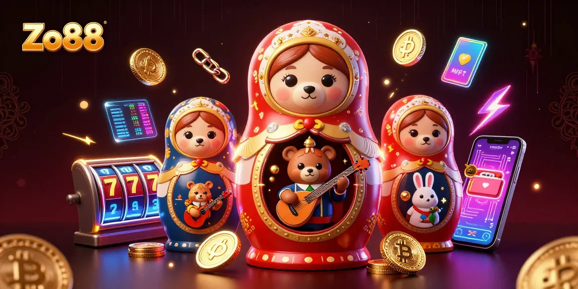 Experience Zo88 excitement with 3D bears and casino elements in a vibrant illustration.
