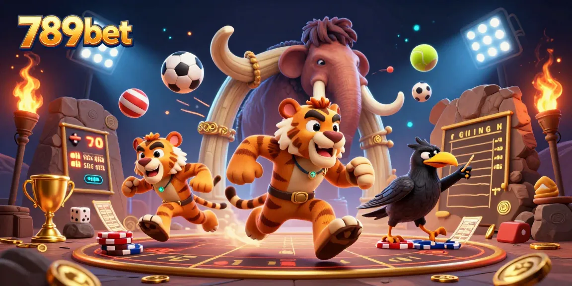Experience thrilling casino action with 789bet's engaging illustration of caveman and sabertooth tiger.