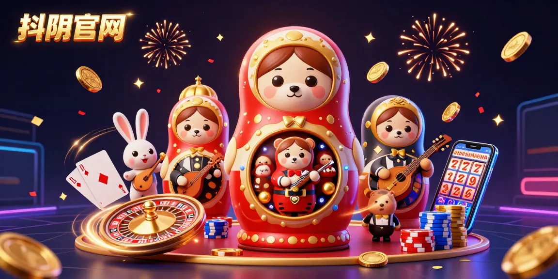 Engage with 抖阴官网 through vibrant casino elements and cartoon characters celebrating gaming success.