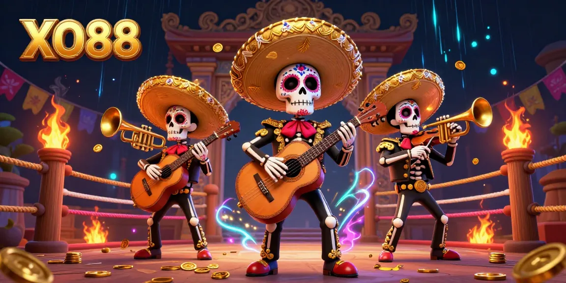 Experience thrilling gaming at XO88 with vibrant mariachi skeletons celebrating in a casino atmosphere.