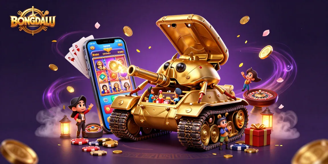 BONGDALU's vibrant golden beetle tank showcases a miniature casino, enveloped with dynamic game symbols and rich visuals.