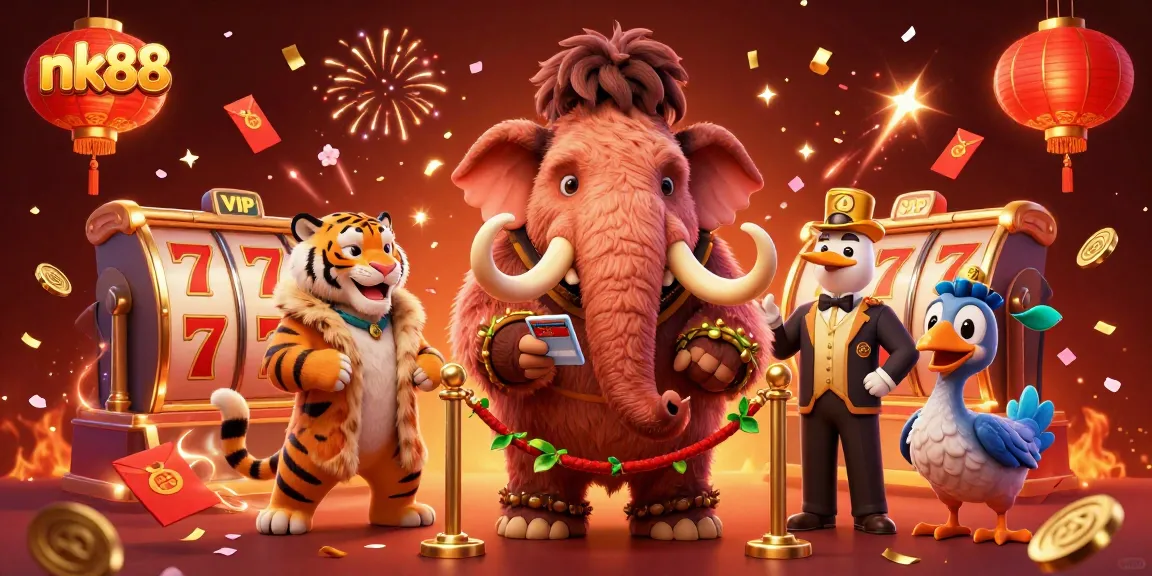 Experience the vibrant world of nk88 with a lively casino scene featuring a woolly mammoth bouncer and friends.