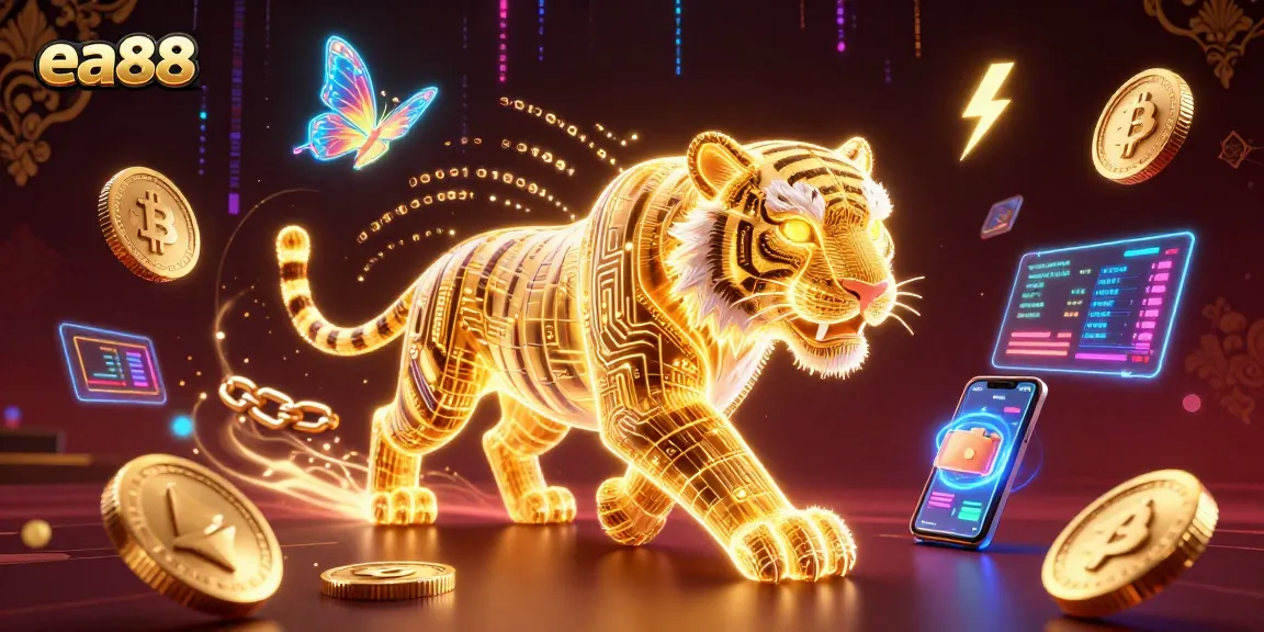 Spin the reels with ea88 at a vibrant casino scene filled with glowing coins and holographic displays.