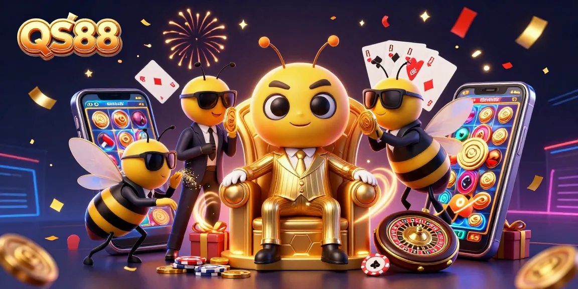 Experience exciting slot action with QS88 in this vibrant cartoon casino scene.
