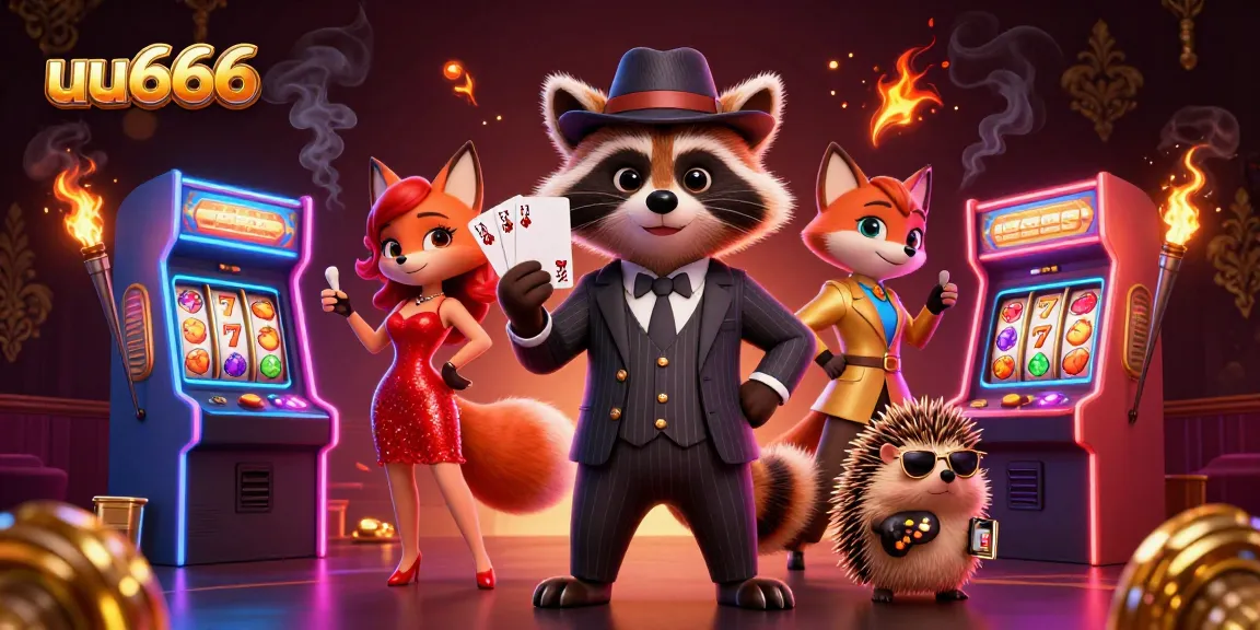 uu666 showcases a suave raccoon gentleman winning with a royal flush in a lively casino scene.