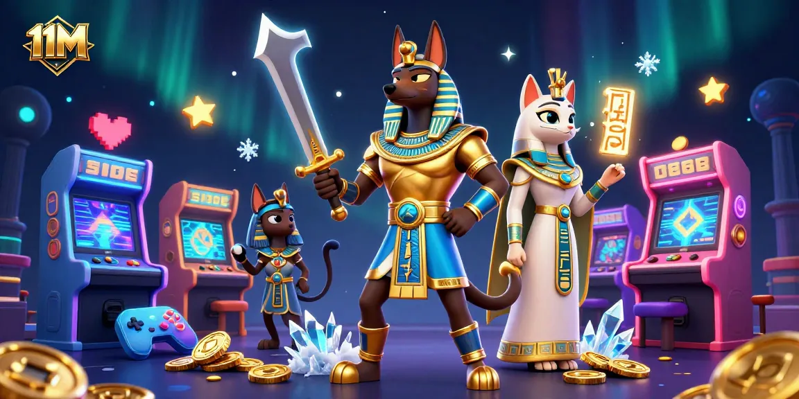 Experience 11M casino adventures with Anubis and Bastet in a vibrant gaming scene featuring colorful machines.