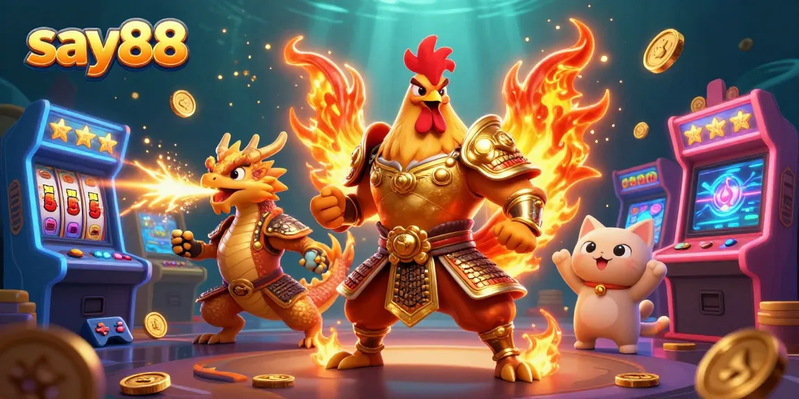 Experience thrilling gameplay with say88's vibrant 3D illustration of a rooster warrior, dragon hatchling, and gaming elements.