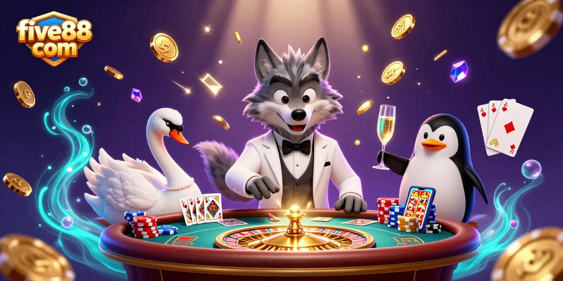 Experience thrilling gameplay with five88 com as a debonair wolf and elegant characters grace a vibrant casino scene.