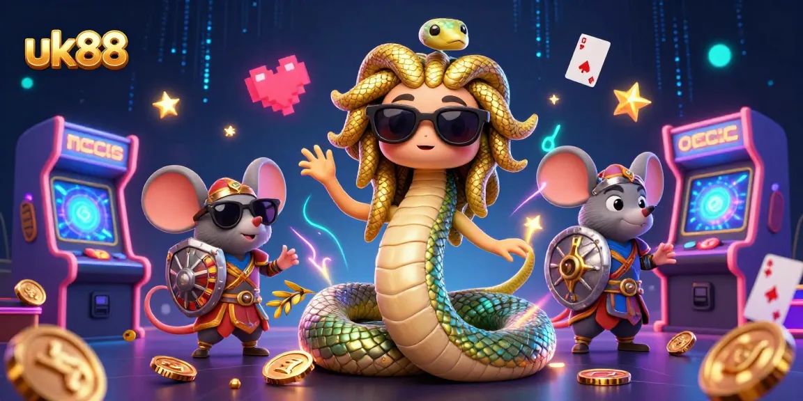 Engage in thrilling uk88 gameplay amidst vibrant casino elements and lively characters.