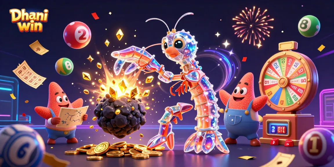 Dhani win offers thrilling gaming experiences, featuring festive confetti and vibrant lottery elements in a dynamic scene.