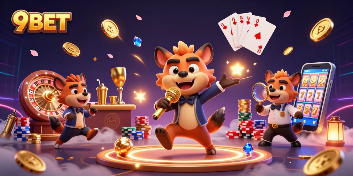 9BET hyenas animated in a vibrant casino scene with golden coins, lively roulette, and lucky slot machines.