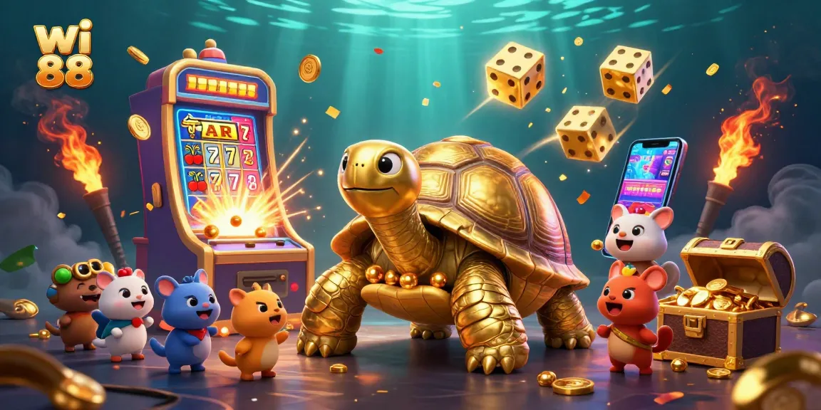 Play exciting casino games with wi 88, featuring a colorful 3D slot machine and golden tortoise pinball.