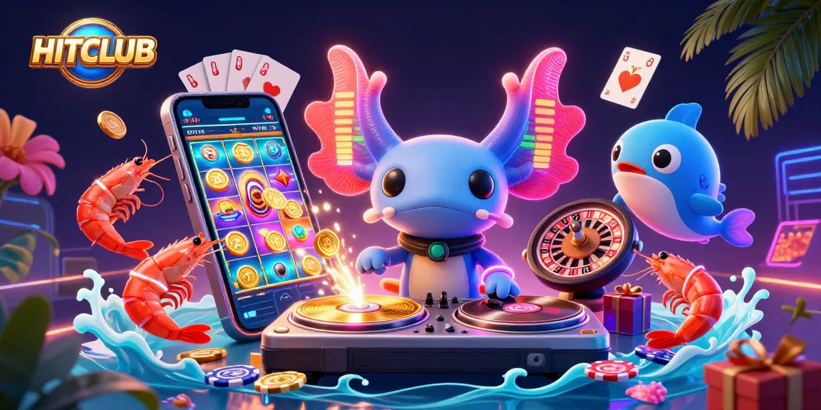 Hitclub's vibrant gaming atmosphere showcases a neon axolotl DJ, lively shrimp dancers, and slot games.