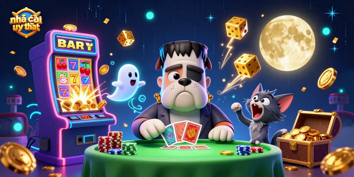 Experience excitement with nhà cái uy tín while playing as the Frankenstein bulldog deals poker cards at a spooky table.